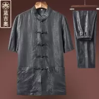 中老年人唐装男夏季短袖真丝桑蚕丝香云纱套装中国风民族风男装