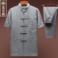 中老年人唐装男短袖亚麻套装中式男装中山装中国风民族风夏装上衣