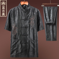 中老年人唐装男夏季短袖真丝桑蚕丝绸香云纱套装中国风民族风男装