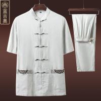中老年人唐装男短袖亚麻套装爷爷中山装老人衣服装中国风男装夏装