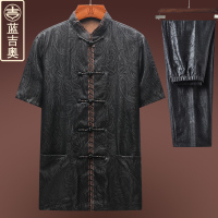 中老年唐装男短袖真丝桑蚕丝绸香云纱男装套装中国风爷爷夏装上衣