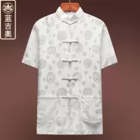 中老年人唐装男短袖真丝桑蚕丝绸上衣爸爸结婚礼服老人中国风男装