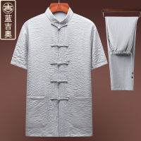中老年人唐装男短袖亚麻套装中式男装中山装中国风民族风夏装上衣