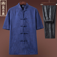 中老年唐装男夏季短袖上衣真丝桑蚕丝香云纱套装中国风民族风男装