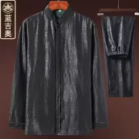 中老年唐装男长袖真丝桑蚕丝绸香云纱套装中式男装中国风夏装上衣