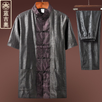 中老年人唐装男夏季短袖套装真丝香云纱男装古装爷爷装中国风夏装