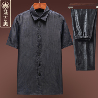 中老年唐装男真丝桑蚕丝绸香云纱衬衫中国风男装爷爷老人衣服夏装