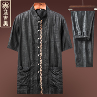 中老年唐装男夏季短袖真丝桑蚕丝香云纱套装中山装老人衣服中国风