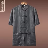 中老年人唐装男夏季短袖真丝桑蚕丝香云纱套装中国风民族风男装