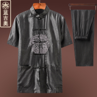 中老年唐装男夏季短袖真丝桑蚕丝香云纱套装中国风民族风中式男装