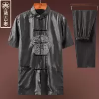 中老年唐装男夏季短袖真丝桑蚕丝香云纱套装中国风民族风中式男装