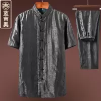 中老年唐装男短袖真丝桑蚕丝绸香云纱套装中国风男装爸爸爷爷夏装