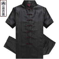 男士唐装短袖盘扣真丝桑蚕丝绸香云纱套装中式男装中国风爸爸夏装
