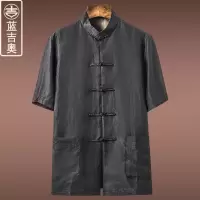 中老年唐装男短袖真丝桑蚕丝绸香云纱上衣中式男装爷爷中国风夏装