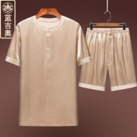 真丝T恤男夏季短袖真丝桑蚕丝绸缎套装爸爸爷爷中国风男装体恤衫