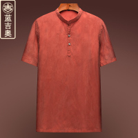 铜氨丝唐装衬衫男夏季薄款短袖上衣中式男装居士服中国风立领衬衣
