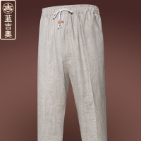中老年人裤子男夏季薄款松紧腰亚麻休闲裤中式中国风棉麻男裤长裤