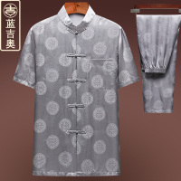 中老年唐装男夏季短袖真丝桑蚕丝绸缎套装中式男装爸爸中国风上衣