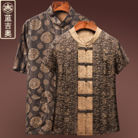中老年唐装男夏季短袖香云纱真丝桑蚕丝套装情侣装中国风男装上衣