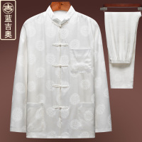 中老年唐装男夏季长袖真丝桑蚕丝绸缎套装太极服中式男装爷爷上衣