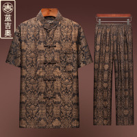 香云纱唐装男真丝绸中老年人爸爸夏装套装中国风老爷子桑蚕丝男装