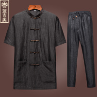 香云纱唐装男真丝桑蚕丝绸套装爸爸爷爷喝茶服禅服中国风男装上衣