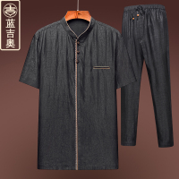 香云纱唐装衬衫男夏季短袖真丝桑蚕丝绸套装高端男装中国风上衣服