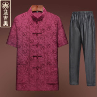 中老年真丝唐装男短袖桑蚕丝绸缎男装中式爸爸婚礼服老人生日衣服