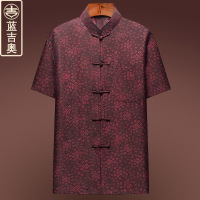 真丝唐装男短袖桑蚕丝绸缎高端男装中式爸爸婚礼服老人生日上衣服