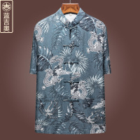 真丝唐装男夏季短袖桑蚕丝绸缎上衣中式爸爸爷爷老北京男装中国风