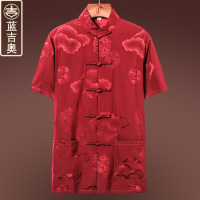 中老年人唐装男短袖真丝桑蚕丝套装老人生日过寿衣服装中国风夏装