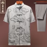 中老年人唐装男短袖真丝桑蚕丝绸套装男装中国风老人衣服爷爷夏装