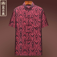 高端真丝唐装男夏季短袖桑蚕丝绸上衣爸爸中式婚礼服老人生日衣服