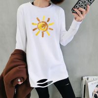 长袖白色t恤女秋装新款宽松韩版下摆破洞内搭中长款打底衫超火潮
