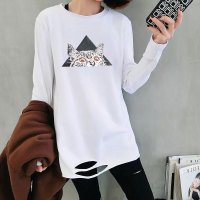 2019初秋装新款春衣服下摆破洞长袖T恤女中长款上衣白色打底衫潮