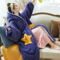睡衣女秋冬季加厚加绒法兰绒可爱星星裕袍长款女式冬款睡衣家居服