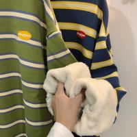 秋冬季BF港风条纹卫衣女潮ins宽松韩版加绒加厚学生外套