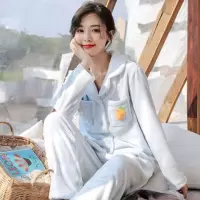新款法兰绒睡衣女秋冬长袖加绒加厚开衫女士可爱睡衣家居服套装