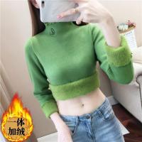 加绒加厚一体绒加绒毛衣女2020秋冬刺绣半高领针织打底衫洋气