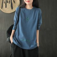 100纯棉2021初秋新款刺绣T恤复古文艺圆领长袖百搭显瘦女装上衣潮