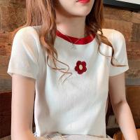 刺绣冰丝T恤女短袖针织衫2021新款夏季修身上衣服韩版学生打底衫