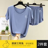莫代尔睡衣套装女夏薄款宽松大码短袖T恤高腰木耳短裤家居两件套