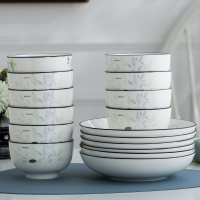 夏豹陶瓷碗10只加厚吃饭碗五寸6寸面碗创意清新瓷碗汤碗大号组合
