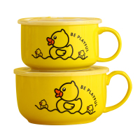 夏豹小黄鸭泡面碗单个陶瓷带盖带把碗可爱宿舍用学生碗上班饭盒微波炉