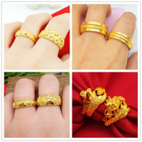 新款铜镀金沙金戒指男女欧币镀金可调节龙凤光面戒指情侣饰品
