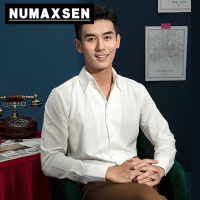 纽曼森(Numaxsen)意式一片领长袖衬衫男休闲潮流英伦帅气韩版商务免烫抗皱白色衬衣