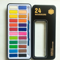 24色黑骑士铁盒（内赠画笔） 固体水彩颜料套装36色铁盒水彩画颜料套装初学者写生手绘绘画颜料