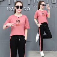 2019夏季新款开叉时尚两件套洋气减龄女宽松大码休闲运动套装
