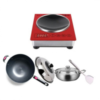 电磁炉 凹面家用时光旧巷 爆炒大功率3000W防水火锅电磁炉灶 红色炉+[炒锅+锅盖+锅铲+汤锅]
