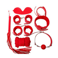 sm女用器具 sm情趣用品 SM手铐脚铐颈圈口塞皮鞭眼罩捆绑绳子七件套刑器具调教情趣性用品 七件套-红色